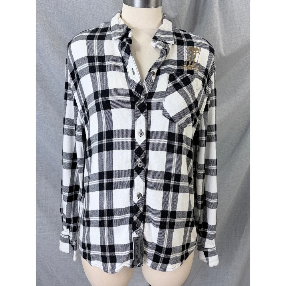Harley-Davidson Plaid Flannel Button Down Shirt Gold Logo Black White L Soft